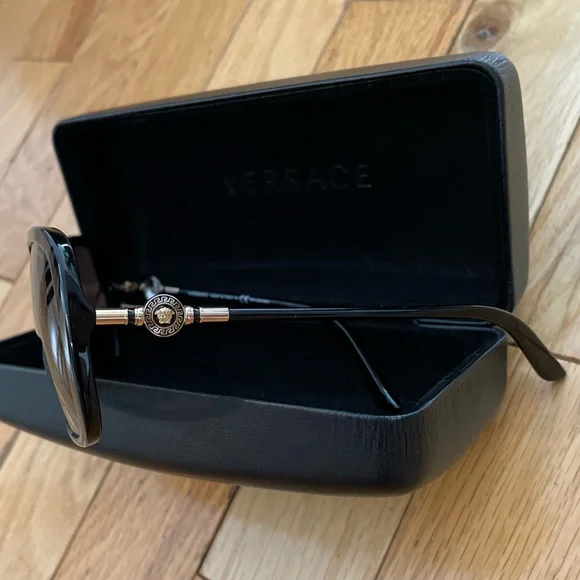 Versace Black Polarized Sunglasses with Gold Logo Accents - Picture 2 of 7